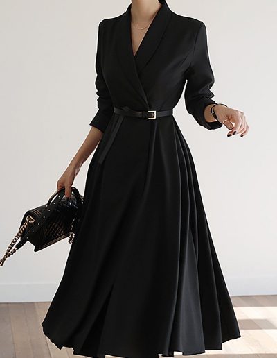 Uminchic V Neck Black Paneled Solid A-Line Date Midi Dress